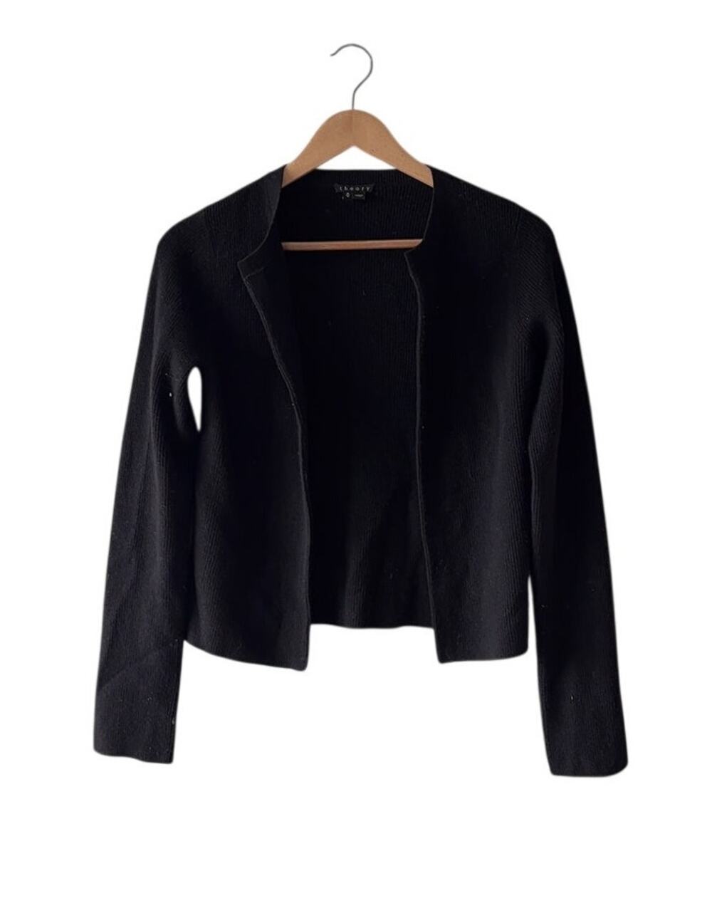 Theory Black Wool Ribbed Open Front Cardigan Cropped Minimalist Quiet Luxury